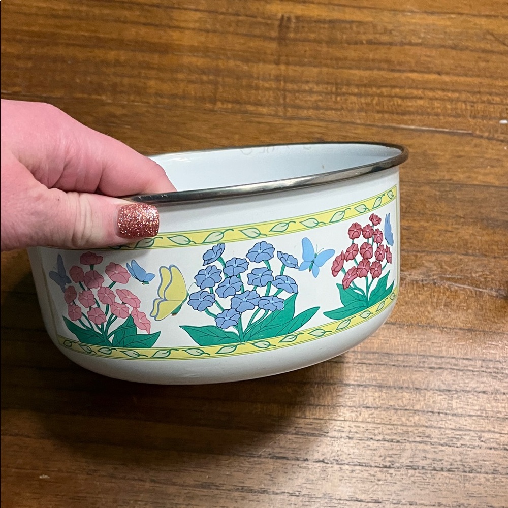 Floral Enamel Bowl with Butterflies